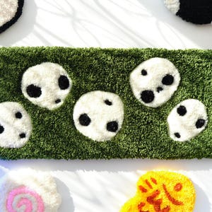 Kodama inspired tufted keyboard rug, handmade anime desk decor, top view