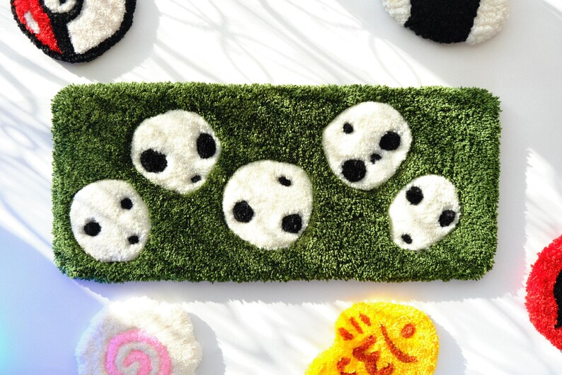 Kodama inspired tufted keyboard rug, handmade anime desk decor, top view