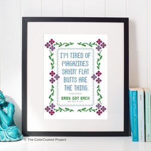 Je suis fatigué des magazines qui disent que les mégots plats sont la chose - Bébé est revenu, Sir Mix A Lot, Hip Hop Lyric Cross Stitch Pattern
