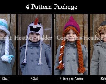 Elsa, Anna, Olaf & Kristoff (Frozen) Crocheted Hat Pattern - 4 Patterns - Instant Download