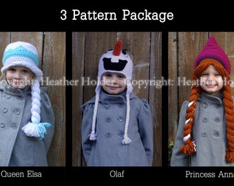 Elsa, Anna & Olaf (Frozen) Crocheted Hat Pattern - 3 Patterns - Instant Download