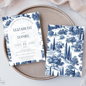 Plantilla de invitación de boda en toile francés: Azul y blanco elegante (descarga digital)