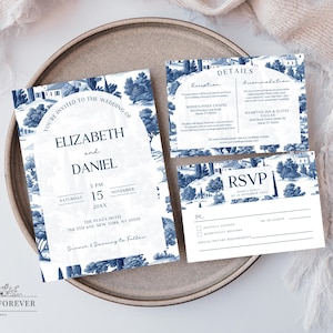 Invitaciones de boda en tela francesa: azul y blanco, RSVP (plantilla de Canva)
