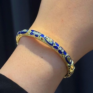 Navy Emaille Armreif, Floral Cloisonné Armband, Vergoldet Vintage Style Schmuck, Navy Blumen Manschette, Geschenk für Frauen