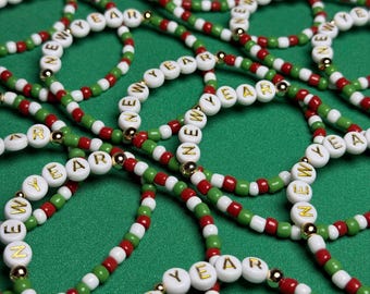 Personalized Christmas Glass Bead Bracelet, Festive Holiday Jewelry