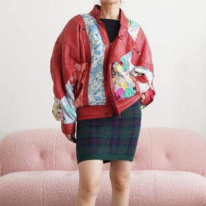 Vintage 80s Red Leather Patchwork Bomber Jacket: Floral Quilted Statement Coat, Size M