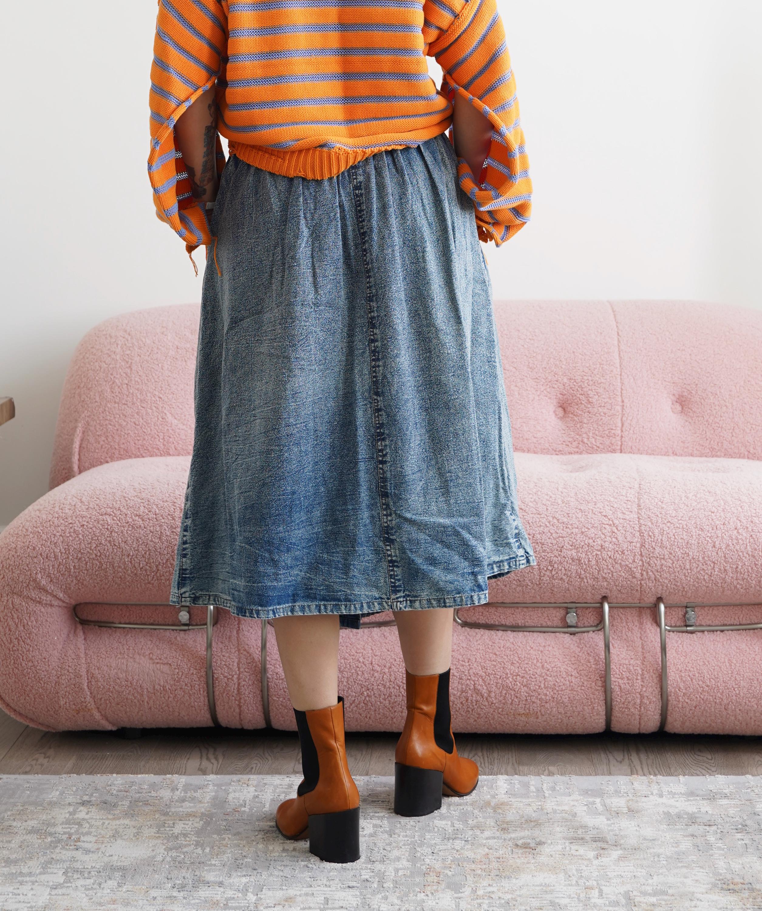 【BAON】Zenki Vintage Washing Pleated Denim Midi Skirt Vintage Acid Wash Pleated Denim Midi Skirt, Stretch