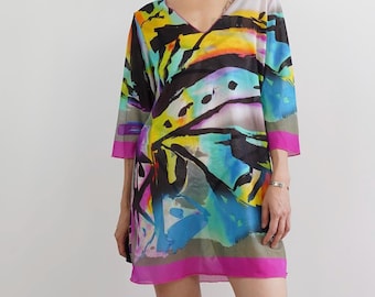 Vintage Sheer Abstract Print Sundress: 2000s Multicolor V-Neck Tunic