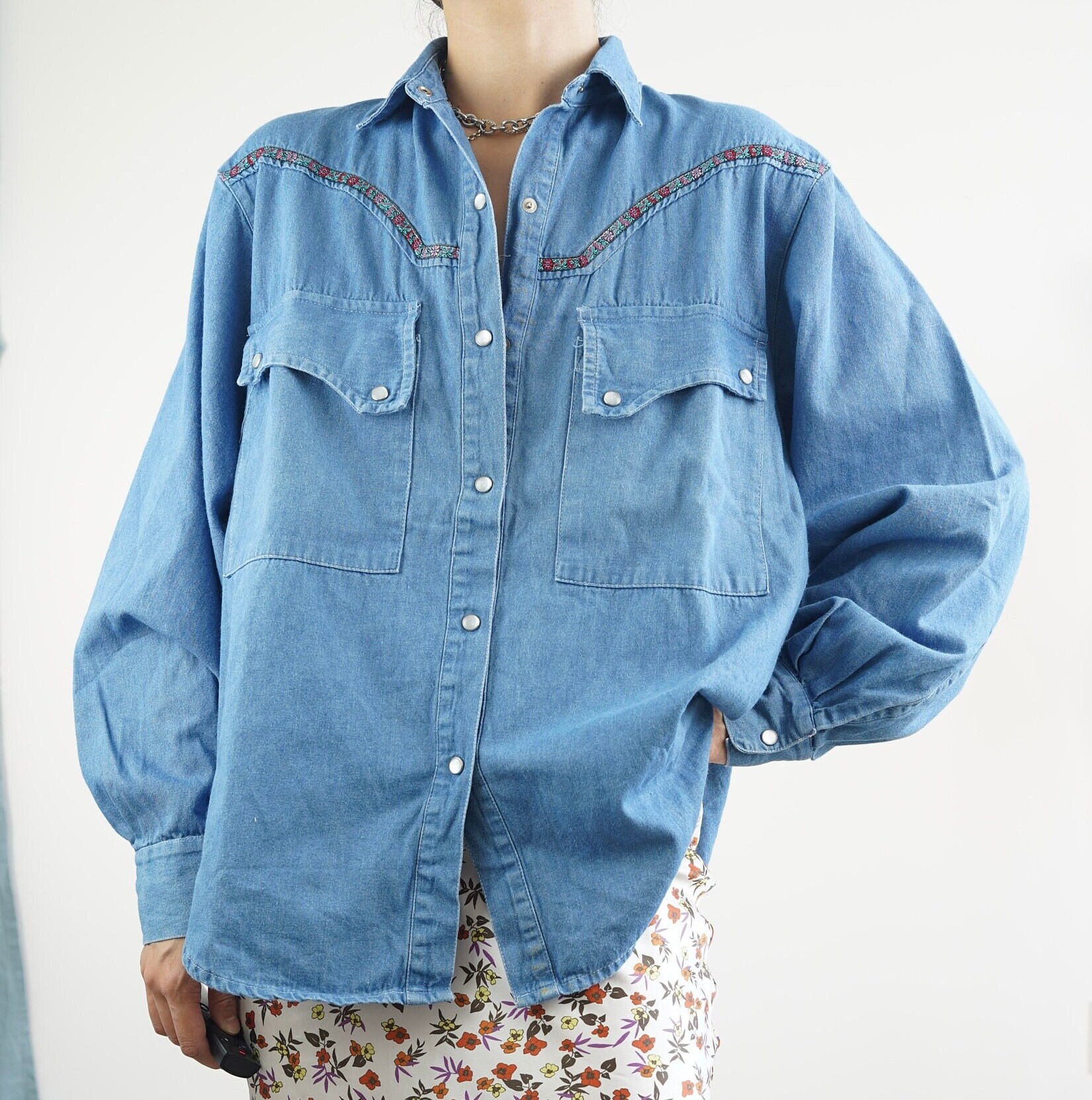 Vintage Western Art Print Casual V-neck Denim Loose Shirt main image 0