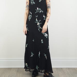 robe longue noire brodée à fleurs Créaline vintage | Robe années 90 de marque française | Robe de soirée garden party superposée transparente | Taille FR 44/Grand