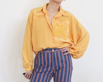 Vintage 80s Yellow Satin Blouse: Embroidered Floral Oversized Shirt