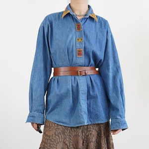 Vintage 90s Classic Wash Denim Shirt with Whimsical Appliqué Accents on Collar and Placket