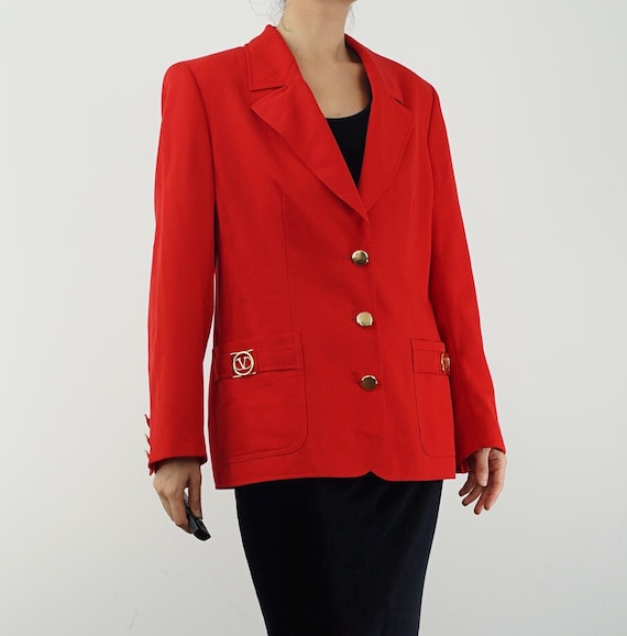 Vintage Valentino Made in Italy Red Wool Blazer by Carisma | Gruppo GFT Luxury 1980s Jacket with Gold Button Details | US 12 IT 46