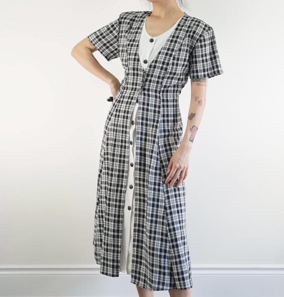Vintage French Plaid Midi Dress: Black & White Faux Layered Button-Down