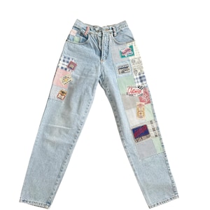 Vintage Patchwork Jeans – 90s Chewan Blue Denim – Made in Italy – Waist 25 – Colorful Label & Plaid Panels – Rare Y2K Style