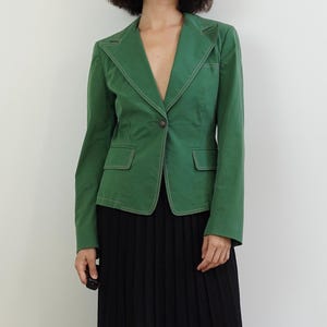 Vintage 2000s Marella Green Cotton Blazer Jacket, Made in Italy, US 6, Lined Sleeves, Padded Shoulders, Elegant White Trim Interior