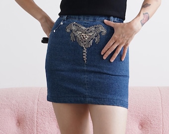 Y2K Embroidered Denim Mini Skirt: Italian Designer Vintage Blue Jean