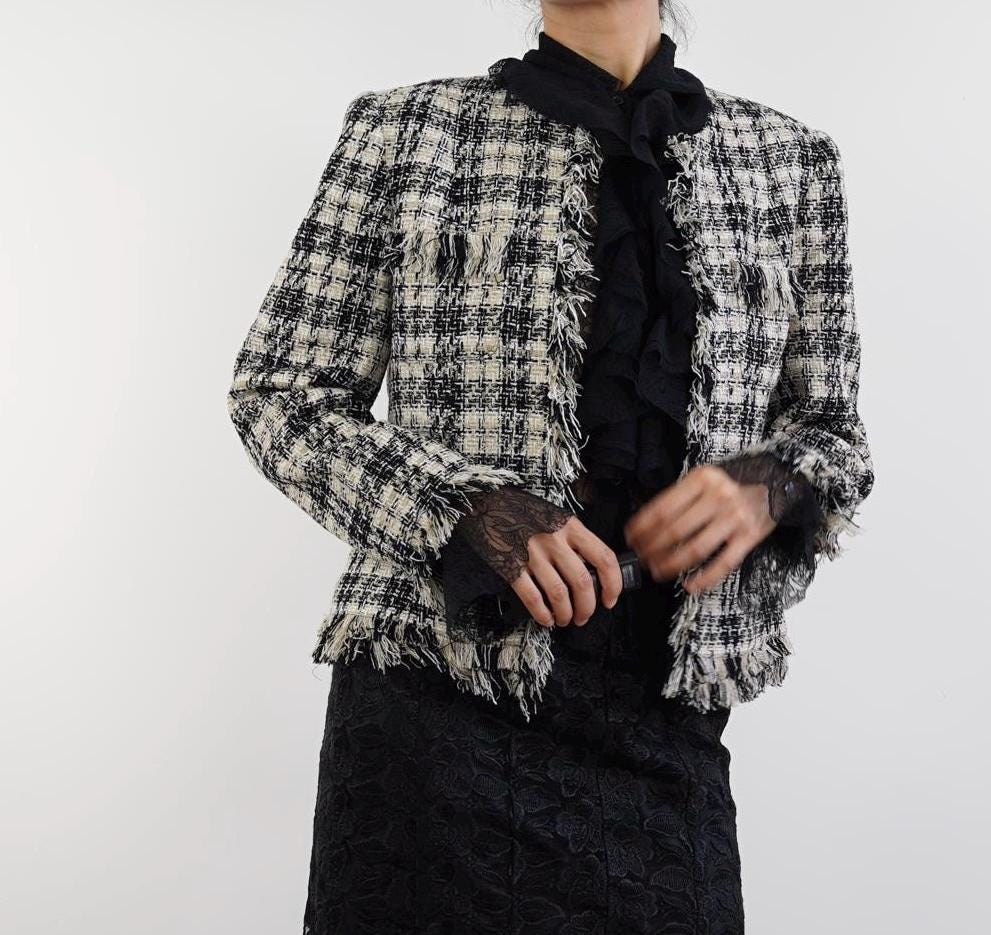 Vintage 90s Nicole Studio Chanel Inspired Tweed Jacket Size 10 Classic Black White With Fringe Detailing Etsy