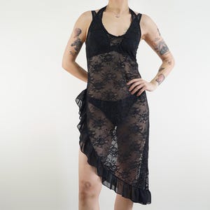 Vintage Black Lace Nightgown: 90s Y2K Gothic Romantic Slip, Asymmetrical Ruffle Hem (XS/S)