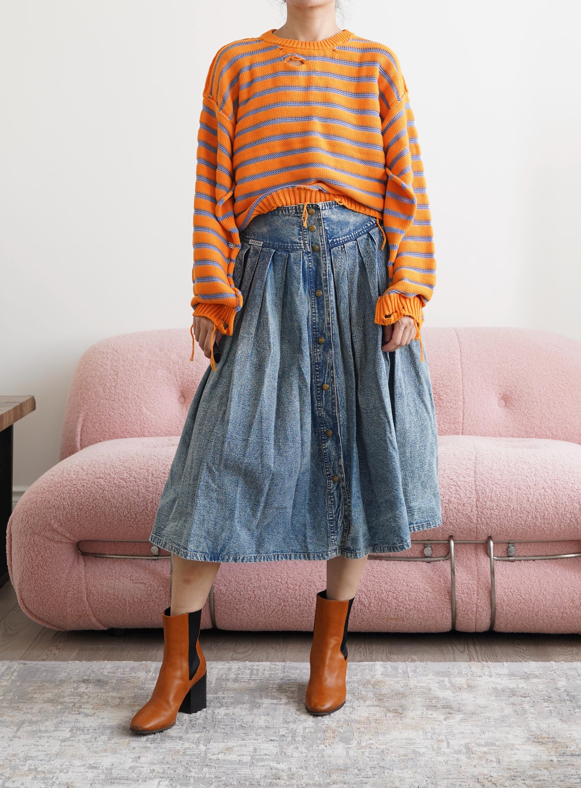 【BAON】Zenki Vintage Washing Pleated Denim Midi Skirt Vintage Acid Wash Pleated Denim Midi Skirt, Stretch
