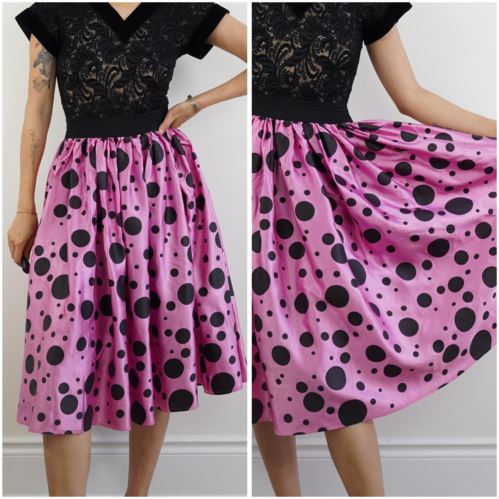 1950s Pink Floral Black Panel Skirt | XL/XXL