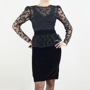 Vintage 80s Roberta California Black Lace & Reddish Brown Velvet Cocktail Dress | Sheer Puff Sleeves, Peplum Waist, Hourglass Silhouette Sml
