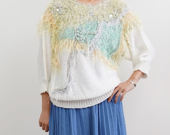 Handmade 80s Vintage Sweater: Edna Ross Art Knit with Metallic Sequins