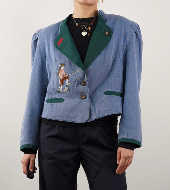 Vintage 80s Bavarian-style Embroidered Denim Jacket Folklore 