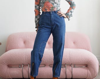 Vintage Stuffed Patchwork Denim Jeans: High-Waisted Tapered Leg, Zippered Cuffs