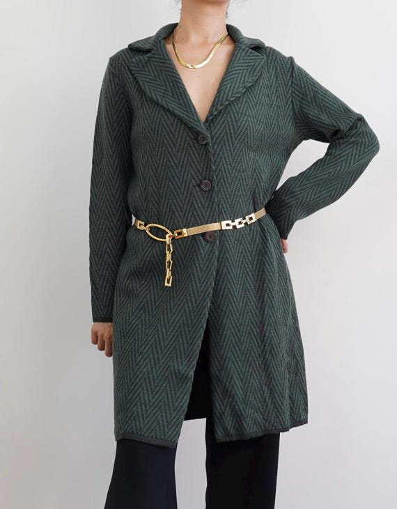 Vintage 90s Manlio Mallia Green Chevron Wool Coat Made in 
