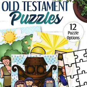 Op de afbeelding: Oude Testament puzzels met 12 puzzelopties. De afbeelding toont een verscheidenheid aan kleurrijke illustraties uit het Oude Testament, waaronder een tuinscene, een boot en een zon.