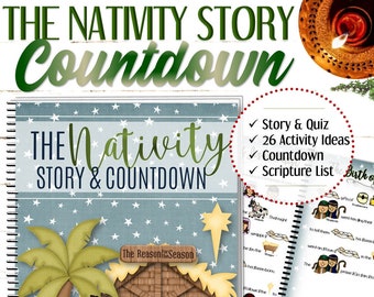 May include: A blue and white book with a star pattern and the text "The Nativity Story & Countdown" on the cover. The book features a nativity scene with a camel, a donkey, a cow, and a manger. The book also includes a checklist with the text "Story & Quiz", "26 Activity Ideas", "Countdown", and "Scripture List".