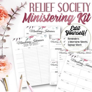Könnte beinhalten: Ein druckbares Kit für ein Relief Society Ministering-Programm. Das Kit enthält drei Interviewbögen und ein Anmeldeformular. Die Blätter haben ein florales Design mit rosa und grauen Blumen.