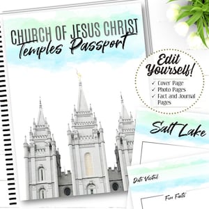 Op de afbeelding: Een spiraalgebonden notitieboek met de titel "CHURCH OF JESUS CHRIST Temples Passport". De omslag toont een aquarelontwerp en een tempelafbeelding. Extra pagina's bevatten "Salt Lake" en aanwijzingen voor data en feiten.