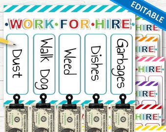 EDITABLE Work for Hire Chore Charts for Kids - INSTANT DOWNLOAD