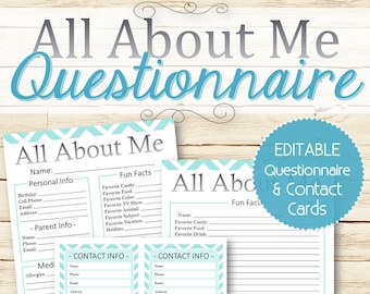 EDITABLE All About Me Questionnaires and Contact Info Cards - INSTANT DOWNLOAD