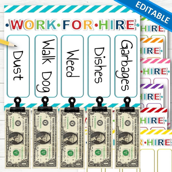 EDITABLE Work for Hire Chore Charts for Kids - INSTANT DOWNLOAD