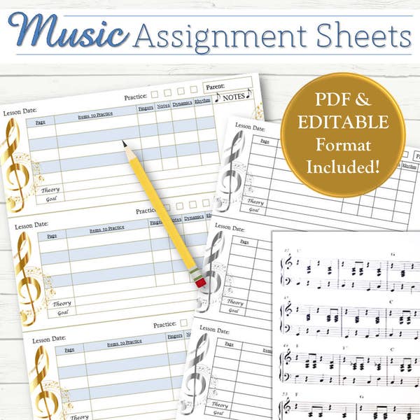 EDITABLE Music Lesson Assignment Sheets - INSTANT DOWNLOAD