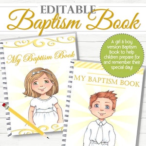 May include: Editable Baptism Book with a girl and boy cover. The covers feature illustrations of children in white clothing with yellow accents. The text on the covers reads "My Baptism Book".