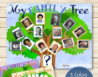 May include: A printable family tree template with a cartoon tree and blank photo frames. The template has the text "My Family Tree" and comes in three colors and three versions.