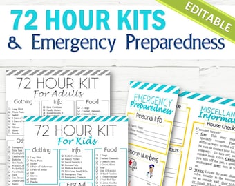 EDITABLE 72 Hour Kits and Family Emergency Plan - INSTANT DOWNLOAD