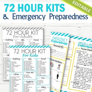 EDITABLE 72 Hour Kits and Family Emergency Plan - INSTANT DOWNLOAD