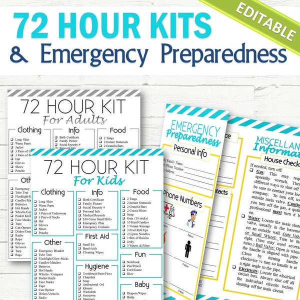 EDITABLE 72 Hour Kits and Family Emergency Plan - INSTANT DOWNLOAD