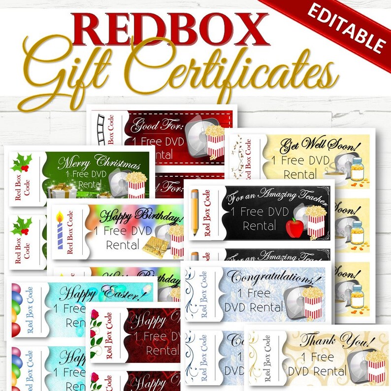 EDITABLE Redbox Gift/Holiday Certificates INSTANT DOWNLOAD Etsy