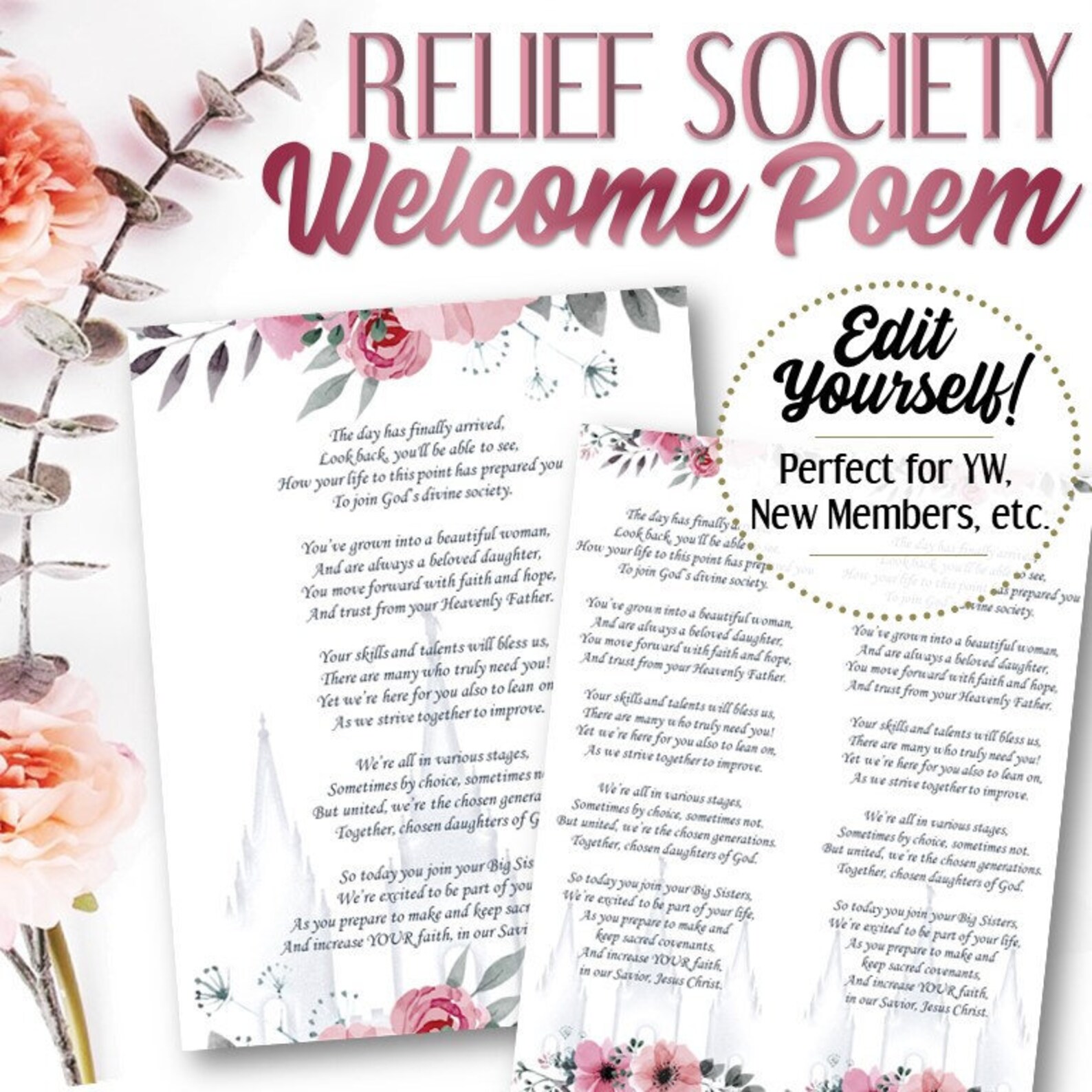 EDITABLE Welcome to Relief Society Poem INSTANT DOWNLOAD - Etsy