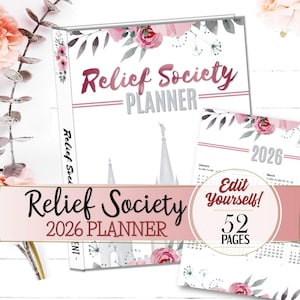 Könnte beinhalten: Ein weißer Planer mit dem Text "Relief Society Planner 2026" in einer Schreibschrift, akzentuiert mit rosa floralen Designs. Der Planer umfasst 52 Seiten und die Möglichkeit, den Inhalt zu bearbeiten. Das Design zeigt einen Kalender für 2026.