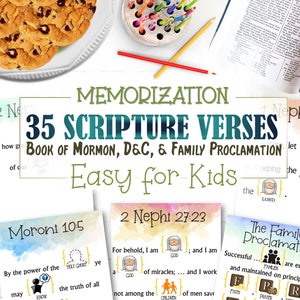 Peut inclure: Image présentant des versets bibliques pour enfants, avec le texte "Mémorisation 35 Versets des Écritures Livre de Mormon, D&C, et Proclamation sur la Famille Facile pour les Enfants." L'image comprend des cartes, des crayons, une Bible et des biscuits.