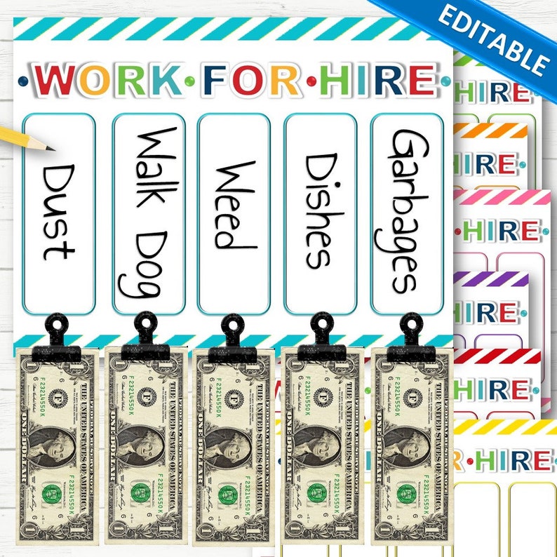 EDITABLE Work for Hire Chore Charts for Kids INSTANT DOWNLOAD image 1