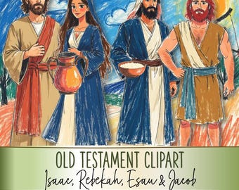 Gráficos bíblicos del Antiguo Testamento: Isaac, Rebeca, Esaú y Jacob, imágenes prediseñadas imprimibles PNG JPG PDF (Cu y Cu4cu Ok) - Descarga instantánea