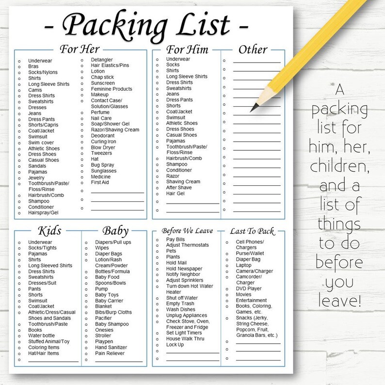 editable all in one packing list with kids packing cards etsy
